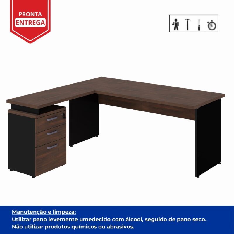 Móveis de Madeira Mesa Escritório em "L" c/ Gaveteiro 1,70m Marsala/Preto - 23481