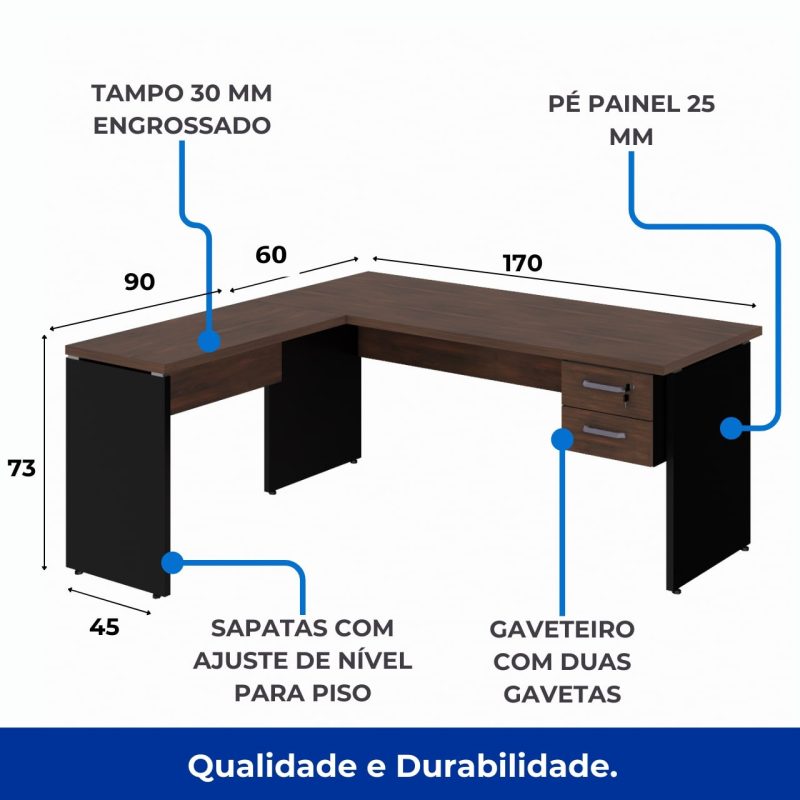 Móveis de Madeira Mesa em "L" (Mesa 1,70m + Mesa Auxiliar) c/ 02 Gavetas -  - Marsala / Preto - 23479