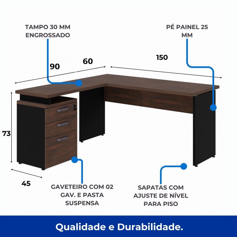Móveis de Madeira Mesa Escritório em "L" c/ Gaveteiro 1,50m MARSALA/PRETO - 23480