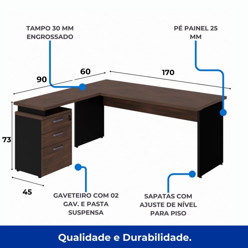 Móveis de Madeira Mesa Escritório em "L" c/ Gaveteiro 1,70m Marsala/Preto - 23481
