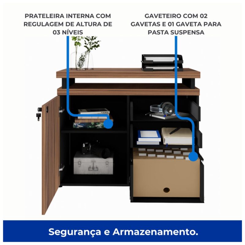 Móveis de Madeira Armário Baixo 03 Gavetas e Porta (MISTO) NOGAL SEVILHA/PRETO - 21422