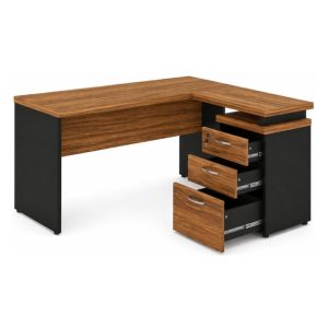 Mesa de Escritório em L com Gaveteiro e Chave Móvel Organizador 170x160cm - Nogal Sevilha / Preto - 21423