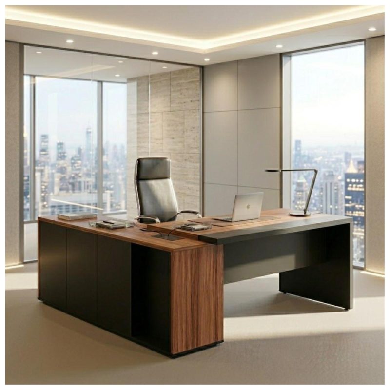 Móveis para Escritório Mesa Escritório PRESIDENTE c/ Armário Pedestal - 1,82x1,80m - WORK START - NOGAL SEVILHA/PRETO - 20602