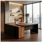 Móveis para Escritório Mesa Escritório PRESIDENTE c/ Armário Pedestal - 1,82x1,80m - WORK START - NOGAL SEVILHA/PRETO - 20602