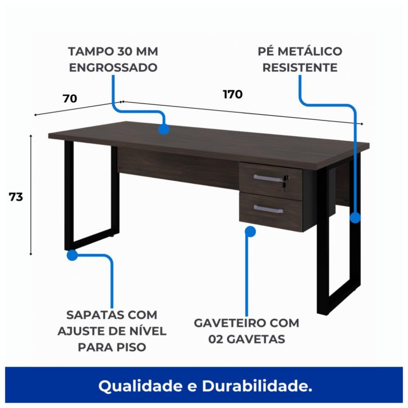 Móveis de Madeira Mesa Escritório PÉ QUADRO 1,70x0,70m - C/ Gavetas - MARSALA/PRETO - 25475