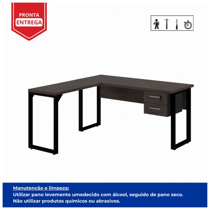 Móveis de Madeira Mesa em L (1,50x0,60m + Mesa Auxiliar) - C/ Gavetas MARSALA/PRETO - 25477