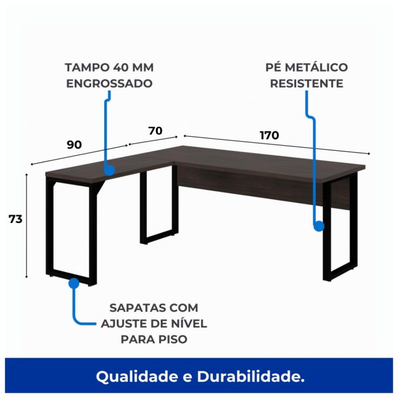 Móveis de Madeira Mesa em L com PÉ QUADRO (1,70x0,70m + Mesa Auxiliar) - S/ Gavetas MARSALA/PRETO - 25478