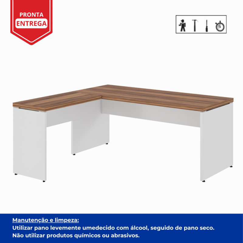 Móveis de Madeira Mesa em L (Mesa 1,70m + Mesa Auxiliar) - S/ Gavetas - WORKSTART - NOGAL SEVILHA/BRANCO - 34325