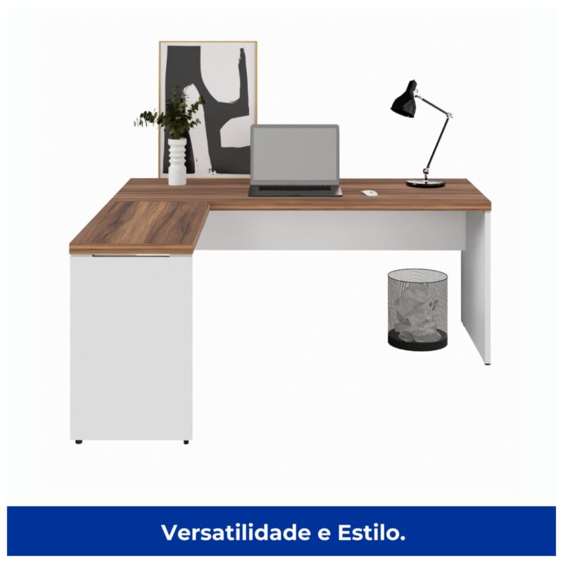 Móveis de Madeira Mesa em L (Mesa 1,70m + Mesa Auxiliar) - S/ Gavetas - WORKSTART - NOGAL SEVILHA/BRANCO - 34325