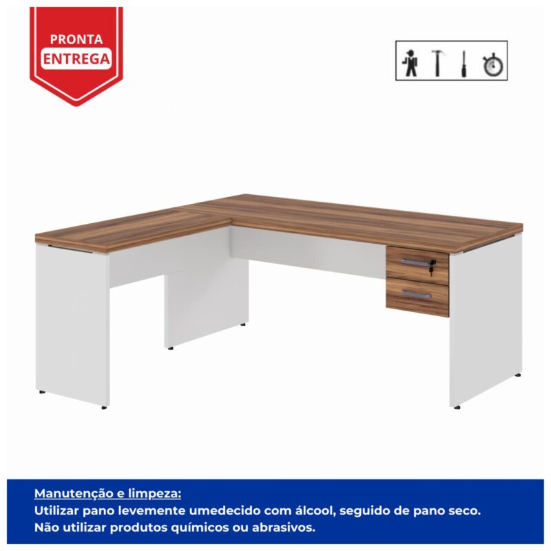 Móveis de Madeira Mesa em L (Mesa 1,50m + Mesa Auxiliar) - C/ Gavetas - WORKSTART - NOGAL SEVILHA/BRANCO - 34324