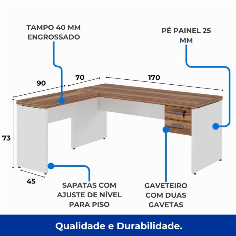 Móveis de Madeira Mesa em L (Mesa 1,70m + Mesa Auxiliar) - S/ Gavetas - WORKSTART - NOGAL SEVILHA/BRANCO - 34325