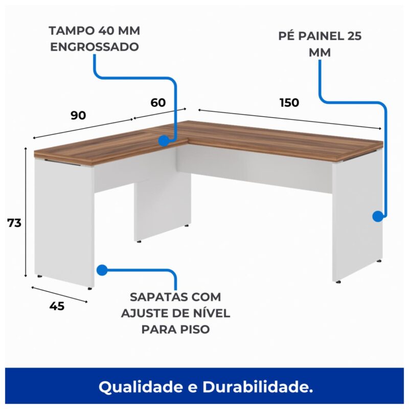 Móveis de Madeira Mesa em L (Mesa 1,50m + Mesa Auxiliar) - S/ Gavetas - WORKSTART - NOGAL SEVILHA/BRANCO - 34323