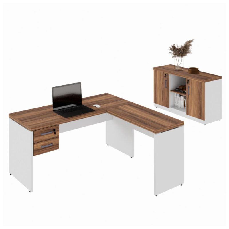 Móveis de Madeira Kit Mesa Escritório em "L" 1,20x0,60m c/ Gavetas + Armário Baixo Credenza - WORKSTART - NOGAL SEVILHA/BRANCO - 34336