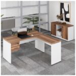 Móveis de Madeira Kit Mesa Escritório em "L" 1,20x0,60m c/ Gavetas + Armário Baixo Credenza - WORKSTART - NOGAL SEVILHA/BRANCO - 34336