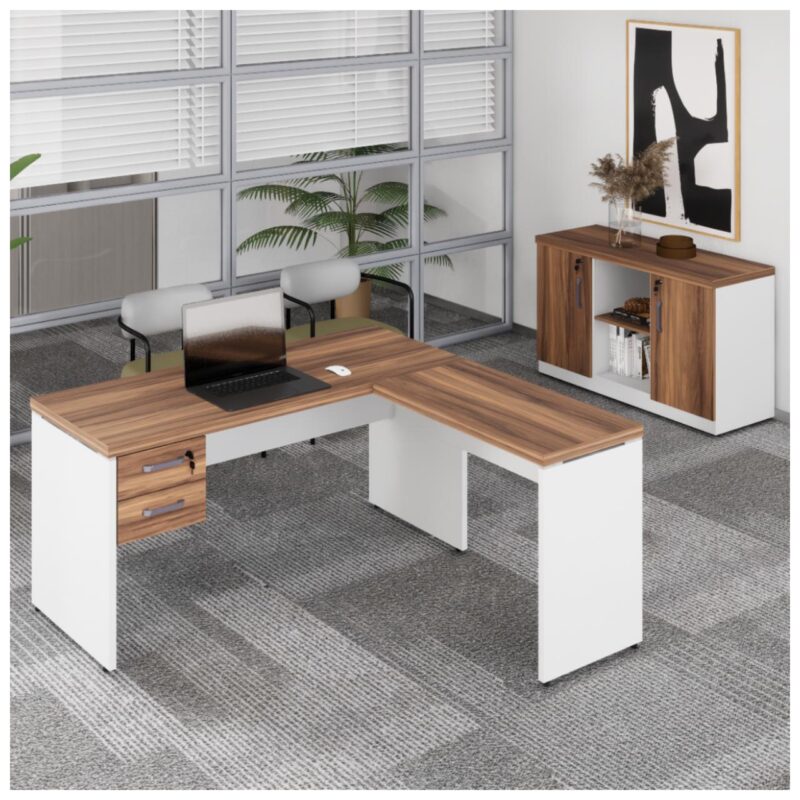 Móveis de Madeira Kit Mesa Escritório em "L" 1,20x0,60m c/ Gavetas + Armário Baixo Credenza - WORKSTART - NOGAL SEVILHA/BRANCO - 34336