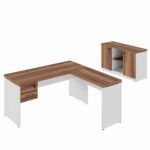Móveis de Madeira Kit Mesa Escritório em "L" 1,20x0,60m c/ Gavetas + Armário Baixo Credenza - WORKSTART - NOGAL SEVILHA/BRANCO - 34336
