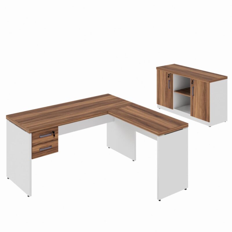 Móveis de Madeira Kit Mesa Escritório em "L" 1,20x0,60m c/ Gavetas + Armário Baixo Credenza - WORKSTART - NOGAL SEVILHA/BRANCO - 34336