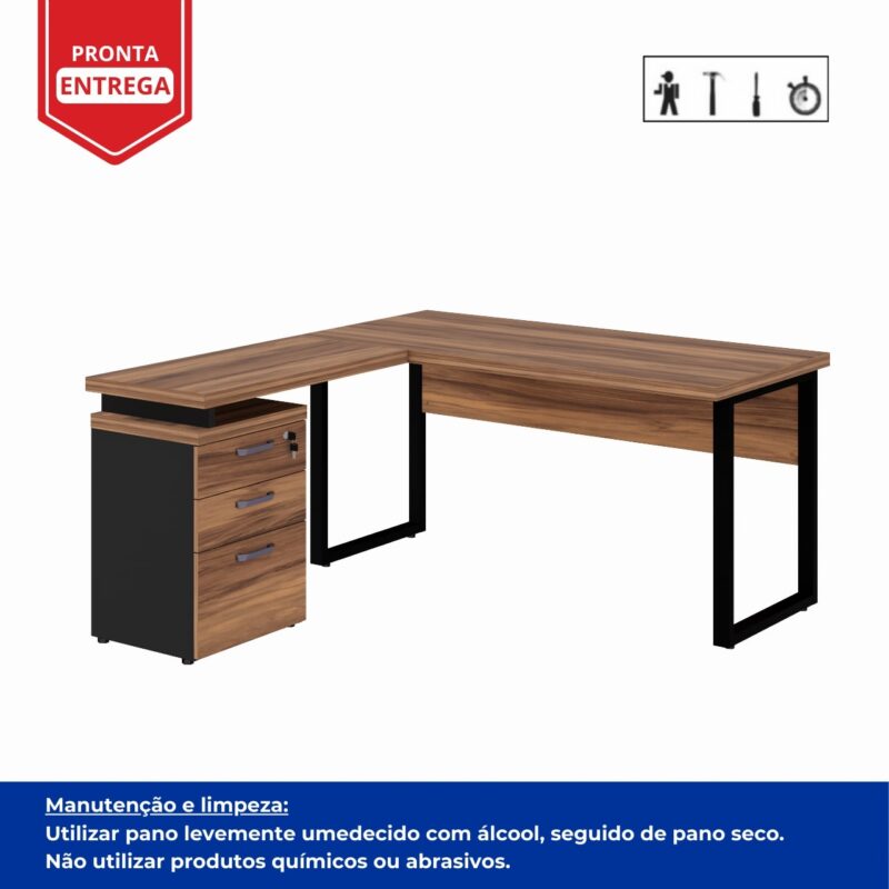 Móveis de Madeira Mesa Escritório em “L” c/ Gaveteiro 1,50×1,50m NOGAL SEVILHA/PRETO – 24480