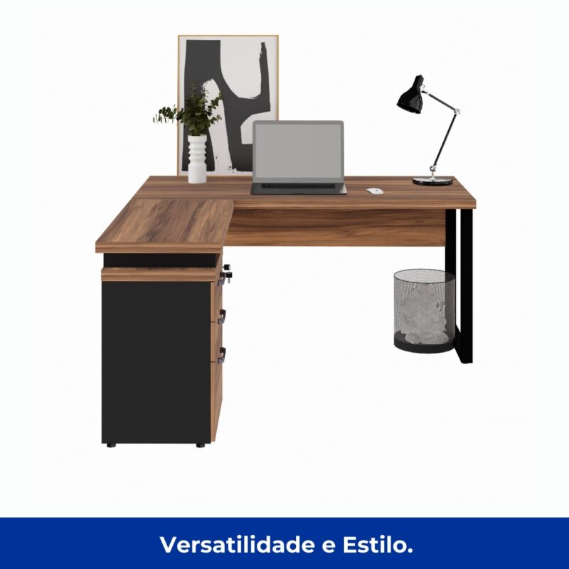 Móveis de Madeira Mesa Escritório em “L” c/ Gaveteiro 1,50×1,50m NOGAL SEVILHA/PRETO – 24480