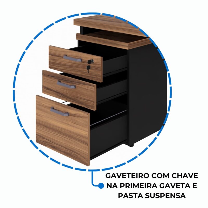 Móveis de Madeira Mesa Escritório em “L” c/ Gaveteiro 1,50×1,50m NOGAL SEVILHA/PRETO – 24480
