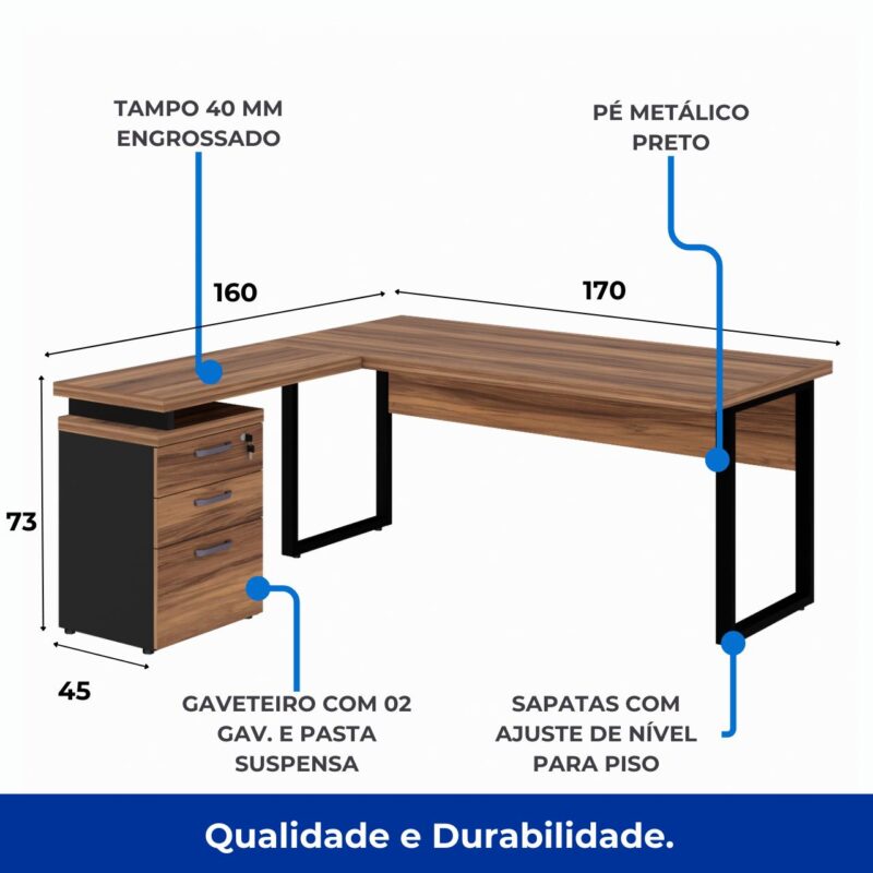 Móveis de Madeira Mesa Escritório em “L” c/ Gaveteiro 1,70×1,60m NOGAL SEVILHA/PRETO – 24481 Móveis de Madeira Mesa Escritório em “L” c/ Gaveteiro 1,70×1,60m NOGAL SEVILHA/PRETO – 24481
