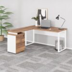 Móveis de Madeira Mesa Escritório em “L” c/ Gaveteiro 1,70×1,60m NOGAL SEVILHA/BRANCO - 34340