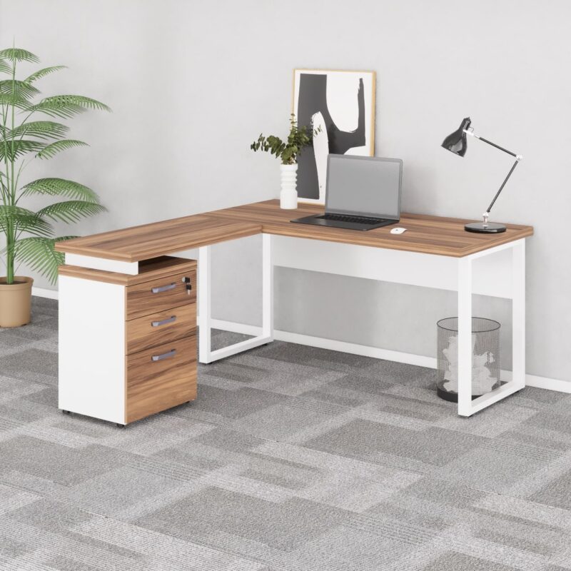 Móveis de Madeira Mesa Escritório em “L” c/ Gaveteiro 1,70×1,60m NOGAL SEVILHA/BRANCO - 34340