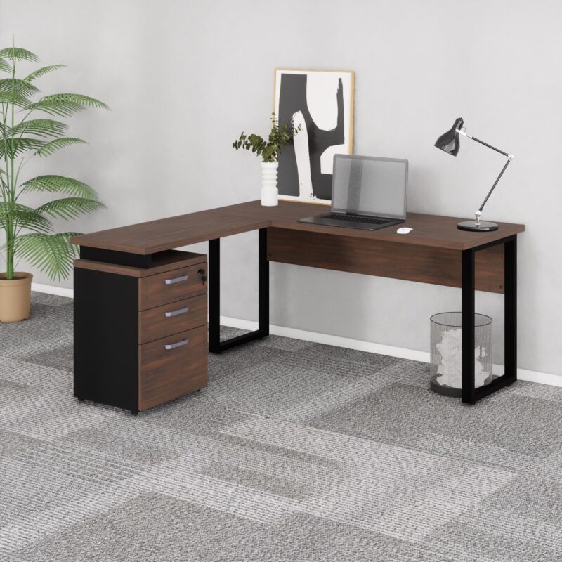 Móveis de Madeira Mesa Escritório em “L” c/ Gaveteiro 1,70m MARSALA/PRETO - 34441