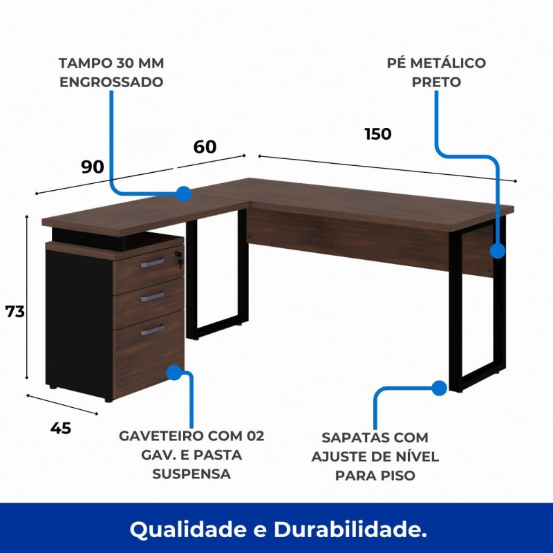 Móveis de Madeira Mesa Escritório em “L” c/ Gaveteiro 1,50m MARSALA/PRETO - 34440