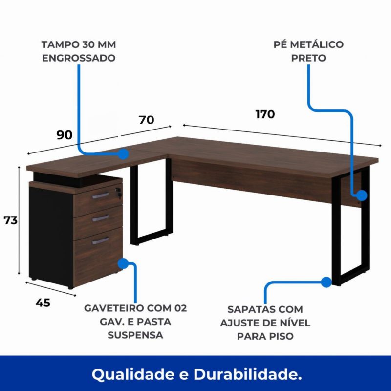 Móveis de Madeira Mesa Escritório em “L” c/ Gaveteiro 1,70m MARSALA/PRETO - 34441