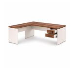 Móveis para Escritório Mesa em L (Mesa 1,50m + Mesa Auxiliar) - C/ Gavetas - (Tampo 40mm) - Nogal Sevilha / Champanhe - 34324