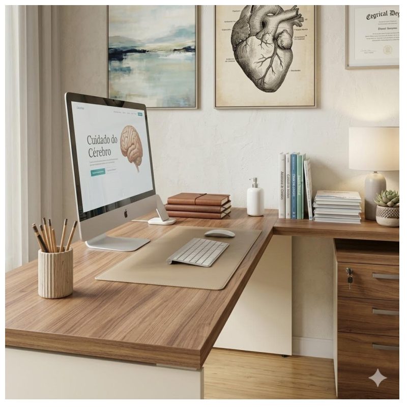 Móveis para Escritório Mesa Escritório em "L" c/ Gavetão na Auxiliar 1,50x1,50m - (Tampo 40mm) - Nogal Sevilha / Champanhe – 34327