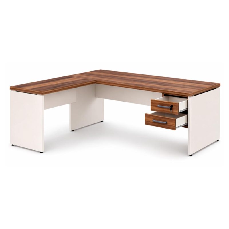 Móveis para Escritório Mesa em L (Mesa 1,70m + Mesa Auxiliar) - C/ Gavetas - (Tampo 40mm) - Nogal Sevilha / Champanhe - 34326