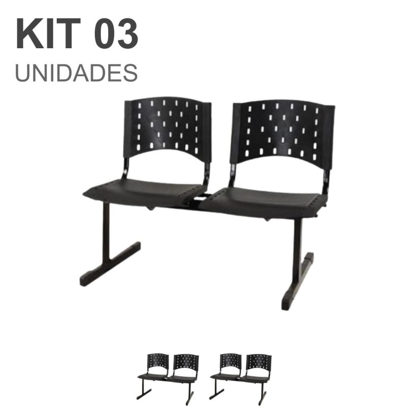 Cadeiras Longarinas para Recepção Kit 03 Cadeiras Longarinas PLÁSTICAS 02 Lugares - Cor PRETA - REALPLAST - 23019