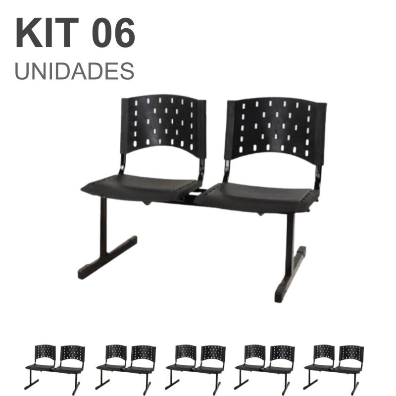 Cadeiras Longarinas para Recepção Kit 06 Cadeiras Longarinas PLÁSTICAS 02 Lugares - Cor PRETA - REALPLAST - 23022