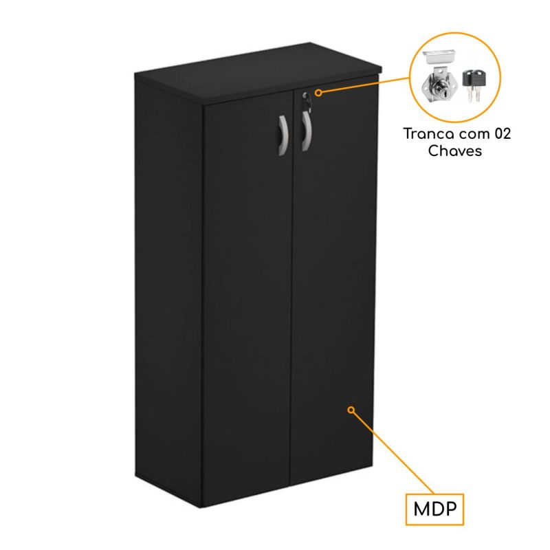 Armário Alto Fechado com 02 Portas - 1,59X0,80X0,42m - JOB - COR PRETO - 45107