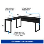 Móveis de Madeira Mesa em L PÉ QUADRO (1,50x0,60m + Mesa Auxiliar) - S/ Gavetas - PRETO / PRETO - 26010