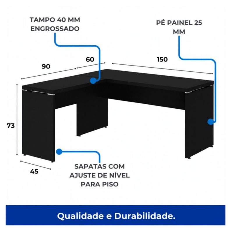 Móveis de Madeira Mesa em L PÉ PAINEL (1,50x0,60m + Mesa Auxiliar) - S/ Gavetas - PRETO / PRETO - 26012