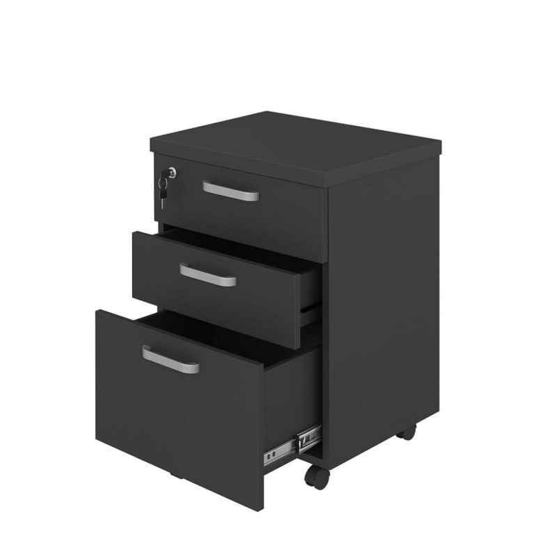 Móveis de Madeira Gaveteiro Volante com 03 Gavetas com Rodízios e Fechadura - MDP Preto - 26034