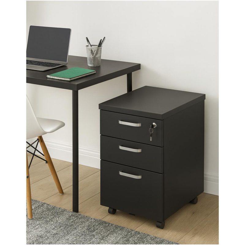 Móveis de Madeira Gaveteiro Volante com 03 Gavetas com Rodízios e Fechadura - MDP Preto - 26034