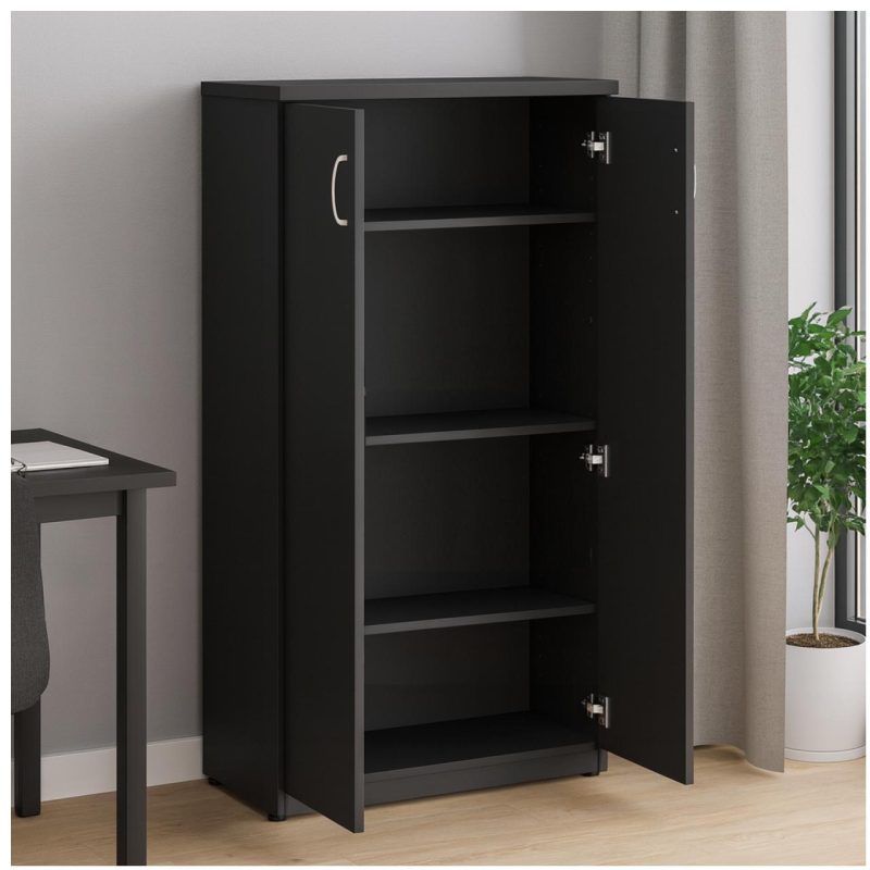 Móveis de Madeira Armário Alto Fechado com Portas e Prateleiras Internas – MDP Preto - 26031