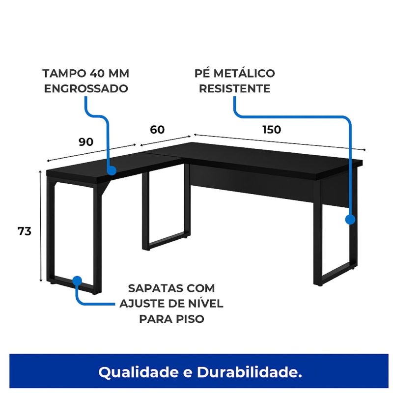 Móveis de Madeira Mesa em L PÉ QUADRO (Mesa 1,50m + Mesa Auxiliar) - C/ Gavetas - PRETO / PRETO - 26210 Móveis de Madeira Mesa em L PÉ QUADRO (Mesa 1,50m + Mesa Auxiliar) - C/ Gavetas - PRETO / PRETO - 26210