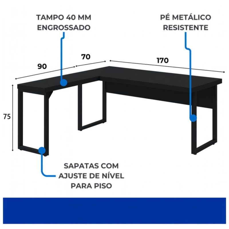 Móveis de Madeira Mesa em L PÉ QUADRO (Mesa 1,70m + Mesa Auxiliar) - C/ Gavetas - PRETO / PRETO - 26211 Móveis de Madeira Mesa em L PÉ QUADRO (Mesa 1,70m + Mesa Auxiliar) - C/ Gavetas - PRETO / PRETO - 26211