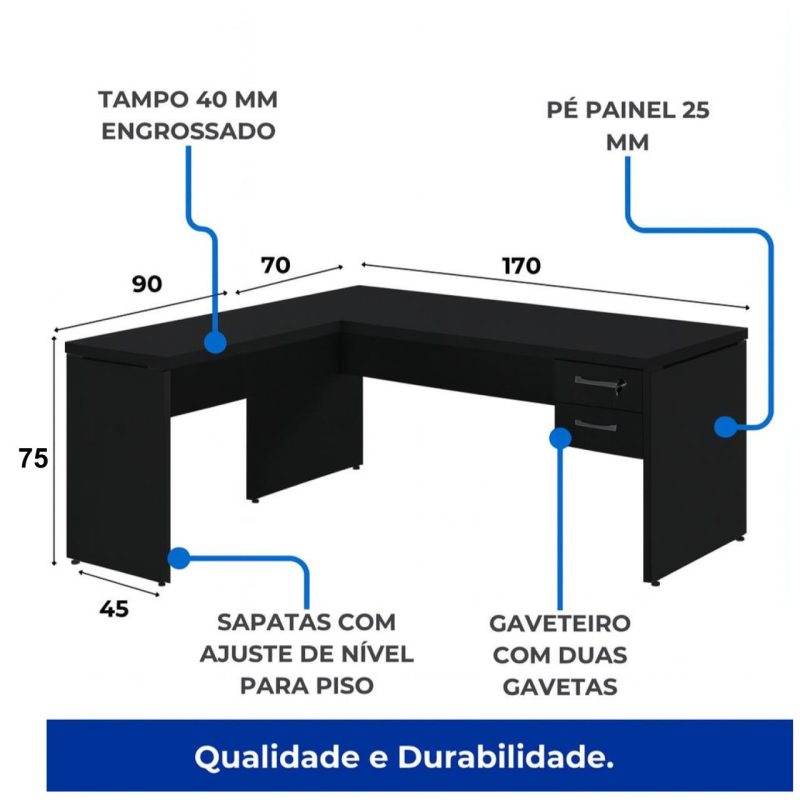 Móveis de Madeira Mesa em L PÉ PAINEL (Mesa 1,70m + Mesa Auxiliar) - C/ Gavetas - PRETO / PRETO - 26015 Móveis de Madeira Mesa em L PÉ PAINEL (Mesa 1,70m + Mesa Auxiliar) - C/ Gavetas - PRETO / PRETO - 26015