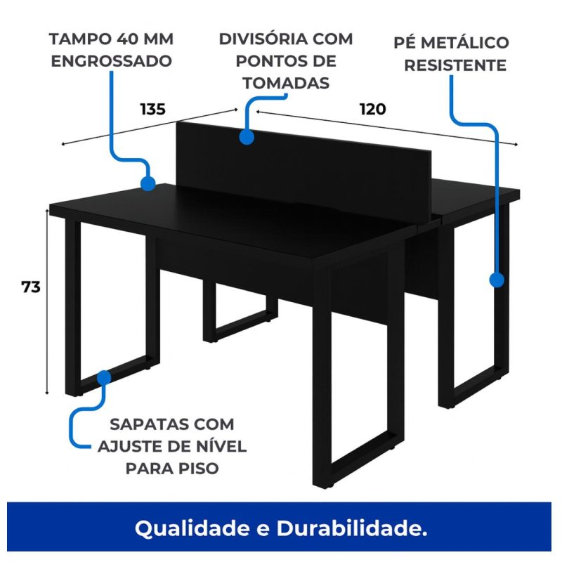 Móveis de Madeira Mesa Dupla de Escritório PÉ QUADRO - 1,20x1,35m - S/ Gavetas - PRETO / PRETO - 26801 Móveis de Madeira Mesa Dupla de Escritório PÉ QUADRO - 1,20x1,35m - S/ Gavetas - PRETO / PRETO - 26801