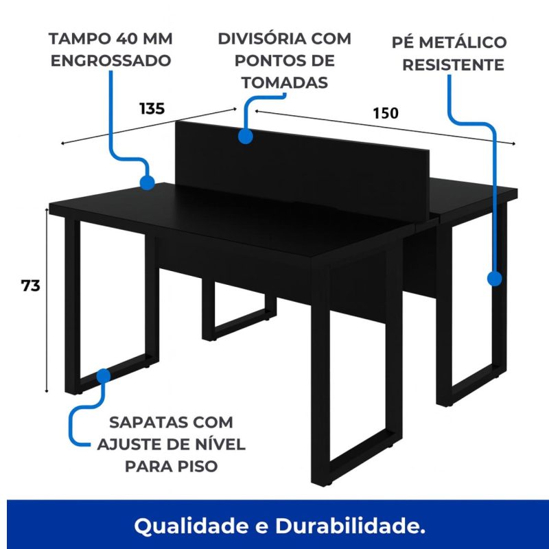 Móveis de Madeira Mesa Dupla de Escritório PÉ QUADRO - 1,50x1,35m - S/ Gavetas - PRETO / PRETO - 26803 Móveis de Madeira Mesa Dupla de Escritório PÉ QUADRO - 1,50x1,35m - S/ Gavetas - PRETO / PRETO - 26803