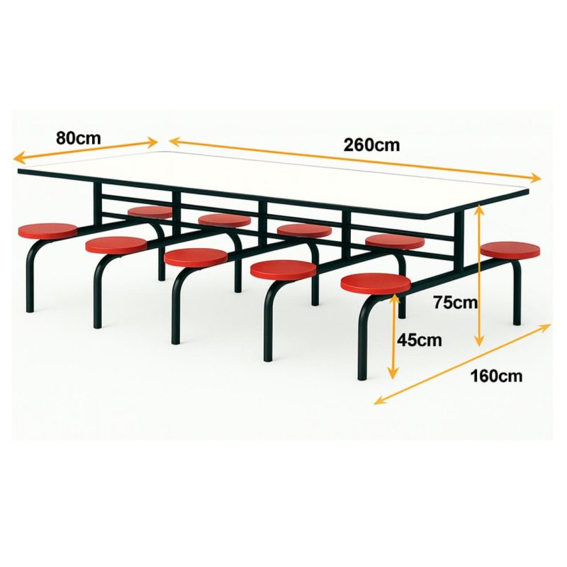 Mesa para Refeitório FIXA 10 Lugares MDP Branco de 25 mm - Assento VERMELHO - 50106