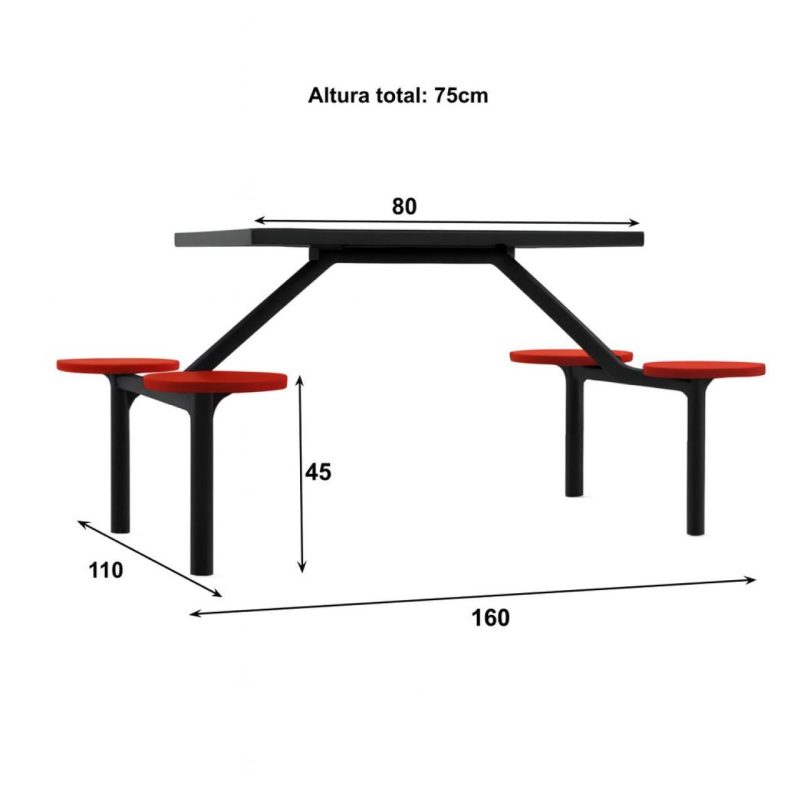 Mesa para Refeitório FIXA 4 Lugares MDP Branco de 25 mm - Assento VERMELHO - 50302