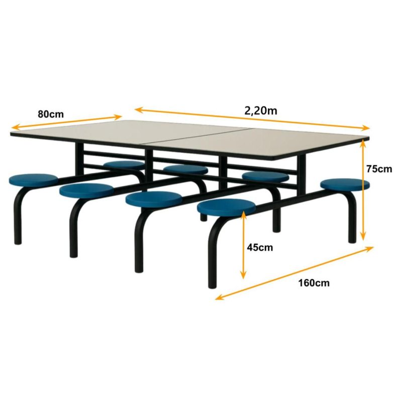 Refeitório Mesa para Refeitório FIXA 8 Lugares MDP Branco de 25 mm - Assento AZUL - 50101