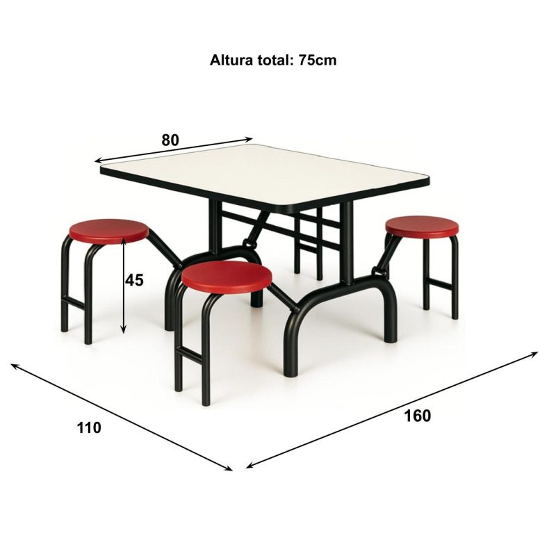 Mesa para Refeitório ESCAMOTEÁVEL 04 Lugares MDP Branco de 25 mm - Assento VERMELHO - 50402 Mesa para Refeitório ESCAMOTEÁVEL 04 Lugares MDP Branco de 25 mm - Assento VERMELHO - 50402